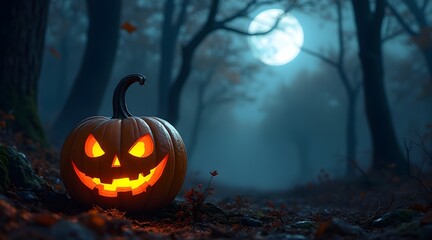 Naklejka premium Glowing jackolantern sits on the forest floor under a full moon at night