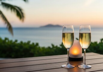 Romantic sunset with champagne and candle on a tropical beach
