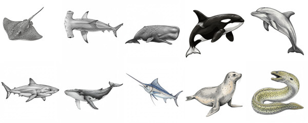 Fototapeta premium Set of various sea animals including shark, dolphin, cachet, moray eel, stingray, fur seal etc. for educational purposes and ocean conservation campaigns