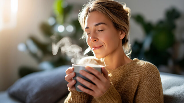 Beverage Unwind and Female on Couch in Residence with Serenity Tranquility and Dawn in Lounge for Pause Joyful Lounge and Woman Individual Sipping Espresso Mocha or Hot Drink on - Powered by Adobe