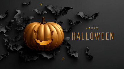 Halloween Pumpkin and Bat Decoration with "Happy Halloween" Text, for Holiday Greetings, Decorative Designs, Social Media, etc.