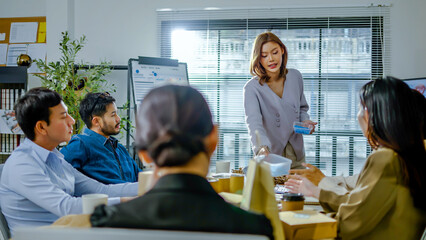 Creative Office Team Meeting , discussion reusable product, implementing environmental protection for clean and sustainable future ecology, warming social issues project, ESG social governance ideas