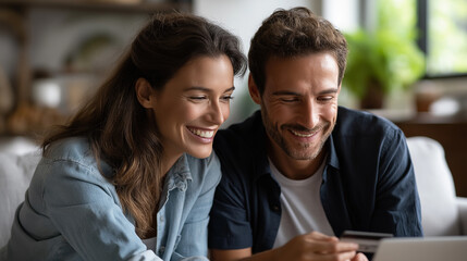 Residence Payment Card and Pair on Couch Computer and Web Purchase with Finance Buy and Code Male and Female on Sofa Device and Transaction with Deal Conservation and Online