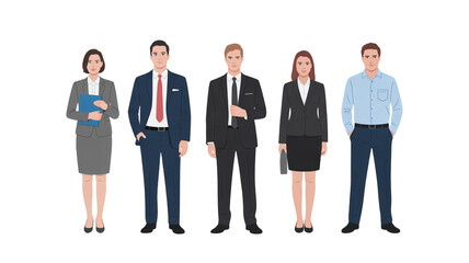 A flat, minimalist illustration of five business professionals standing in a row against on a transparent background.
