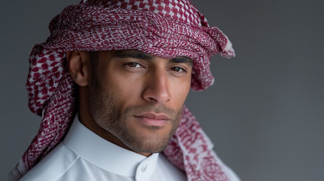 Minimalist professional portrait of Saudi man in traditional attire with refined thwab folds, keffiyeh, and agal, studio lighting highlighting elegance, authority, and timeless Middle Eastern cultural