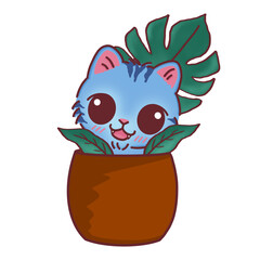 Cute Blue Derpy Cat Hiding in Monstera Leaves, Happy Jungle Kitten
