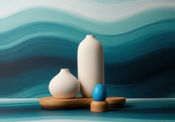 Minimalist still life with ceramic vases and blue egg on wooden stand