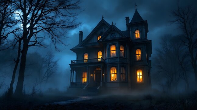 Spooky haunted house at night with glowing windows and fog