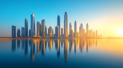 Obraz premium Dubai skyline cityscape water reflection sunrise travel view