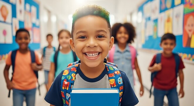 Smiling boy with backpack in school hallway