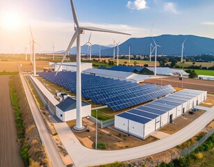 Aerial View of a Hybrid Microgrid System with Solar Panels and Wind Turbines in a Rural Setting