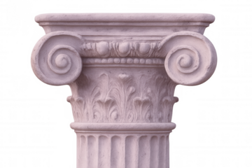 Detailed ionic style column capital with volutes and acanthus leaves decorations, set against a transparent background
