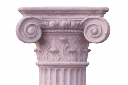 Detailed ionic style column capital with volutes and acanthus leaves decorations, set against a transparent background