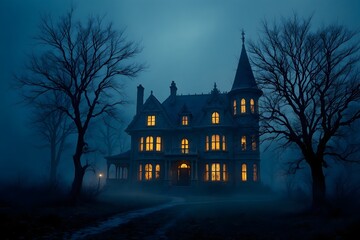 Spooky victorian mansion at night with glowing windows and fog