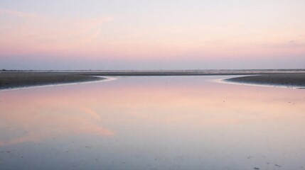 Tranquil water reflecting a pastel sky at dawn or dusk, serene natural landscape.