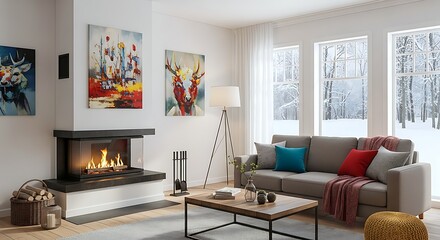 Fototapeta premium A Modern Living Room With A Cozy Fireplace And Large Windows Overlooking A Snowy Winter Landscape. Perfect For Relaxing.