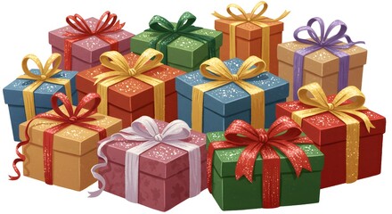 Obraz premium Colorful gift boxes with shiny ribbons and bows, stacked together, decorated with sparkles, creating a festive and cheerful holiday celebration mood.