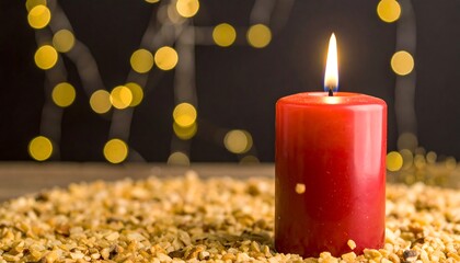 Red candle on scattered seeds