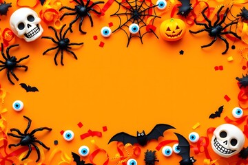 Halloween border with skulls, spiders, bats, pumpkins, and eyeballs