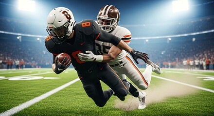 Football player running with ball, tackled by opponent