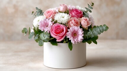 Naklejka premium A beautiful bouquet of roses and mums in pink, with some eucalyptus leaves, arranged inside an elegant round box 