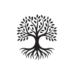 Stylized black silhouette of a tree with prominent roots and a full canopy of leaves, symbolizing growth, life, and connection technology background