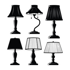 Obraz premium Collection of six black silhouette table lamps with different shades and bases lighting black and white