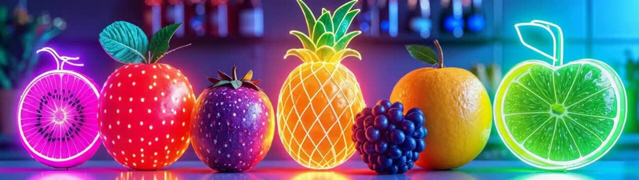 Kiwi, apple, strawberry, pineapple, blackberry, orange, and lemon are glowing with neon light in colorful still life.