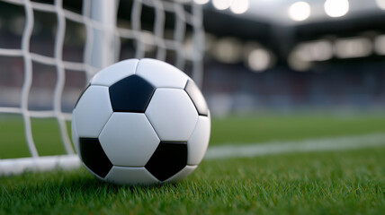 Dynamic sports concept 3D render of football shot in goal net under bright floodlights, surrounded by massive stadium with cheering supporters, symbolizing excitement, victory, energy, and sportsmansh