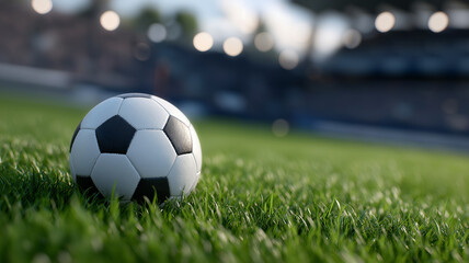 Stunning 3D illustration of soccer ball close-up on textured green pitch under powerful floodlights, roaring stadium audience in background, futuristic architecture, and thrilling competitive atmosphe