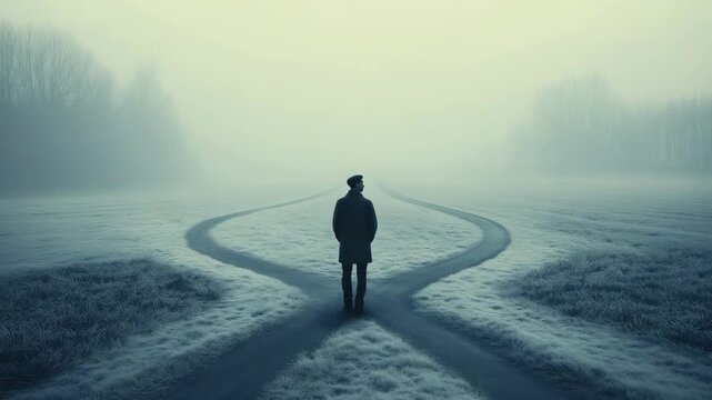 A figure stands alone at a fork in the road surrounded by thick fog in an early morning setting