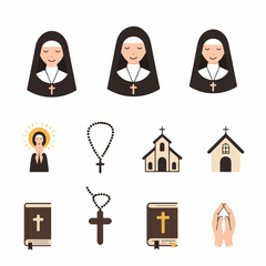 Christian and Catholic Religious Symbols Vector Icon Set: Nuns, Churches, Bibles, Rosaries, and Prayer Elements for Faith and Spirituality.