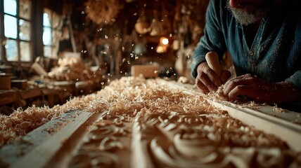 Skilled Craftsman Carving Wood in Traditional Workshop Setting