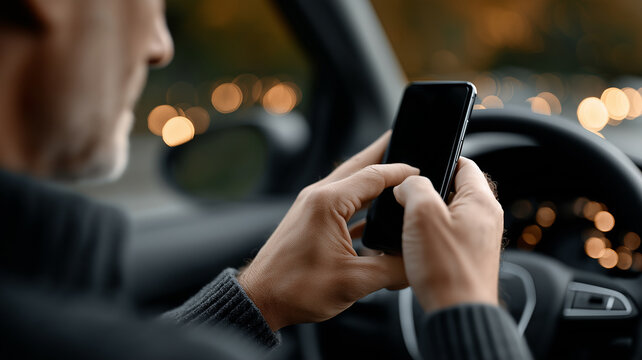 Sharp detailed 3D illustration of distracted driving with man texting while steering, glowing phone screen, blurred highway perspective, unsafe posture, and dangerous consequences of reckless driving