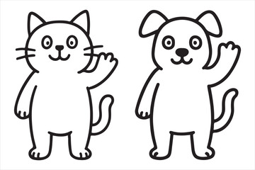 Obraz premium Cute cartoon cat and dog waving hello friendly pets silhouette white background