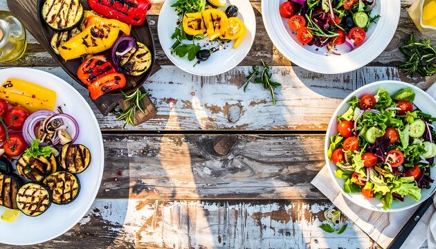 Outdoor summer meal of grilled vegetables and salads