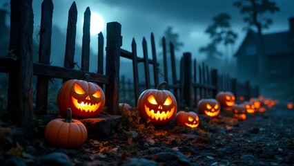A spooky scene featuring glowing jack-o'-lanterns lined along a wooden fence, set against a dark, misty backdrop with a full moon.