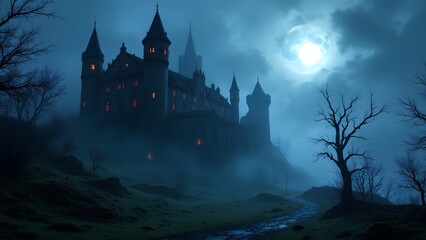 A dark, atmospheric castle looms under a full moon, surrounded by mist and barren trees, creating a mysterious and eerie scene.