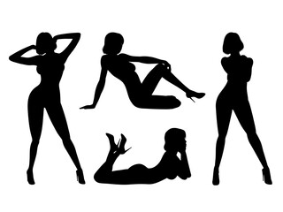 sexy woman with short hair silhouette vector set with four poses on white background.