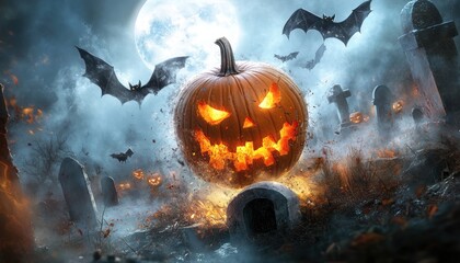 Spooky halloween night with glowing pumpkins and bats flying over a graveyard scene