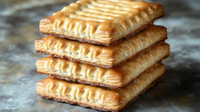 A stack of four cookies sitting on a table, great for editorial and commercial use