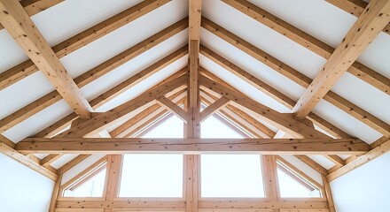 Obraz premium Interior View Of A Modern Timber Frame House Ceiling Featuring Exposed Wooden Beams And Large Windows, Showcasing Architectural Design.