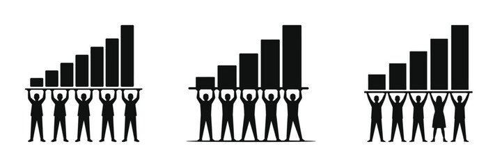 Silhouettes of Business Team Holding Up Growing Bar Graph, Teamwork and Success Concept, Group Effort in Business Growth, Collaboration and Achievement Illustration