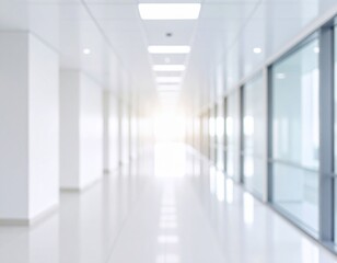 Fototapeta premium Modern Blurred Hospital Interior Hallway with Bright Light Perspective View