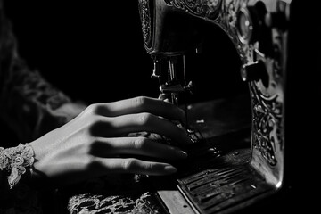 Close up of hands working with sewing machine on colorful quilt fabric during handmade craft project