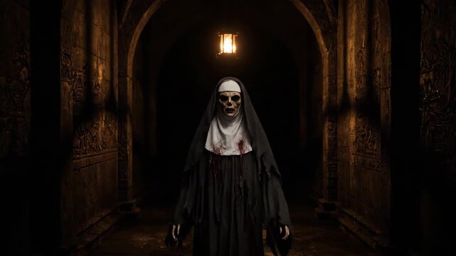 Ominous Nun Figure Stands in Dark Stone Corridor, Illuminated by a Hanging Lantern on Halloween Night