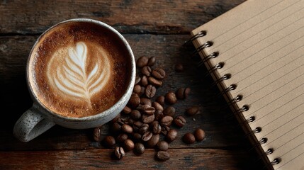 Warm Coffee Cup with Latte Art and Coffee Beans on Wooden Table