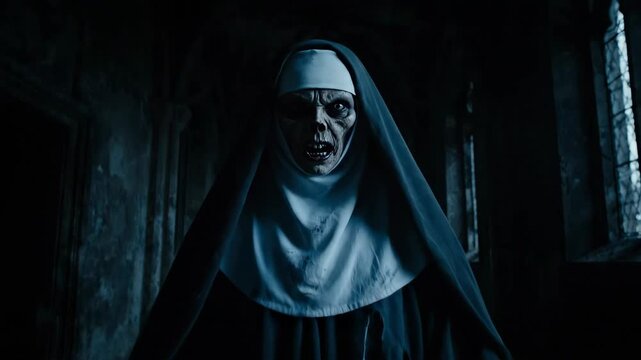 Dark Nun Walking Down Haunted Hallway During Halloween in the Evening