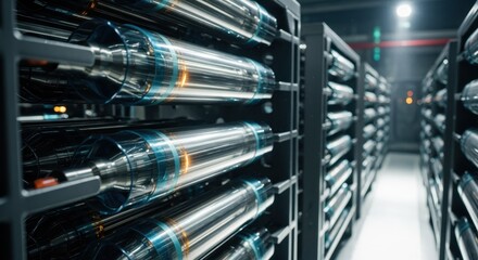 Safety shielded nuclear fuel rod storage racks with freshly fabricated rods awaiting transfer to reactor loading facilities.