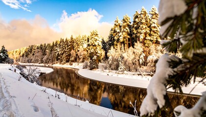 Winter river scene with snow-covered trees